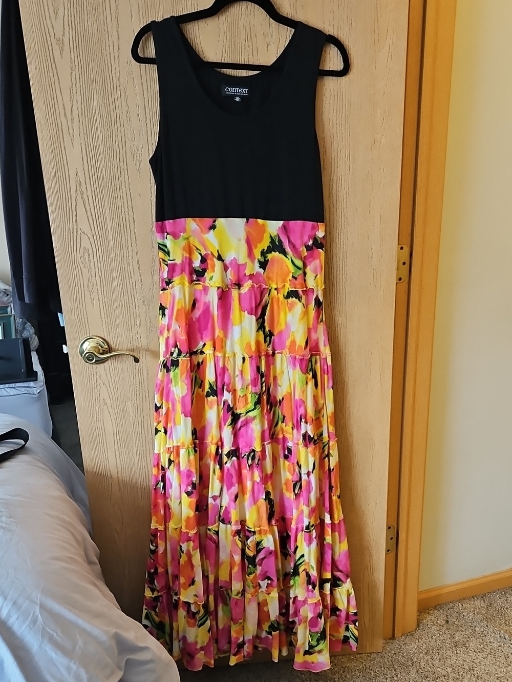 Context Black Bodice Pink Yellow Floral Tiered Maxi Dress